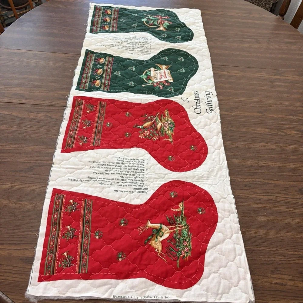 Vintage 1980s Hallmark Christmas Gathering Quilted 2 Stockings Fabric Panel